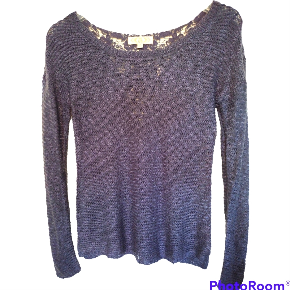 Pink Rose Blue Crochet Embroidered Knit Scoop Neck Sweater Size Small